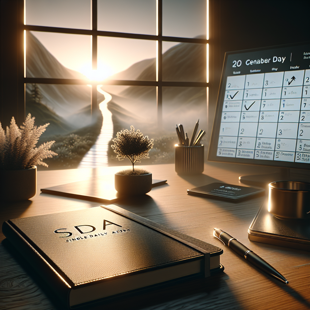 Minimalist desk setup with SDA plan and digital calendar marking focused daily tasks.