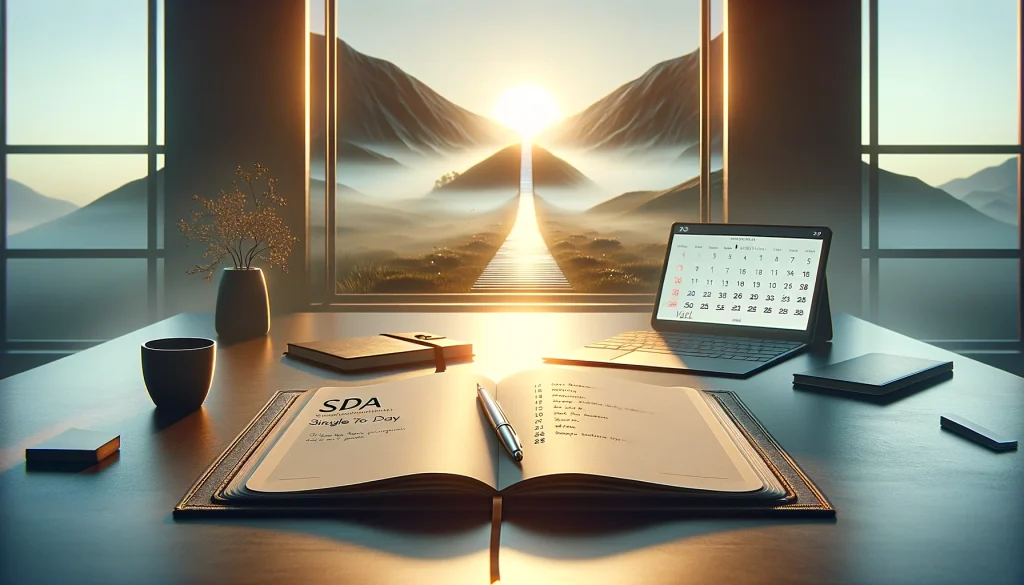 Serene workspace with SDA journal and sunrise view symbolizing new beginnings and success and the power of SDA - Single Daily Action