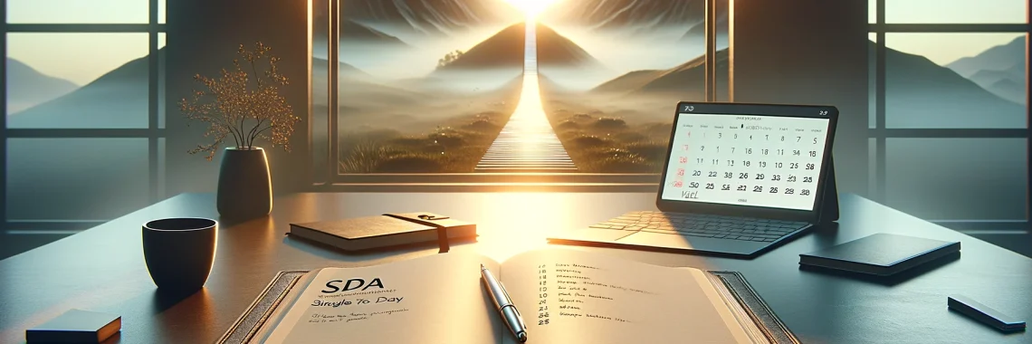 Serene workspace with SDA journal and sunrise view symbolizing new beginnings and success and the pwer of single daily action.